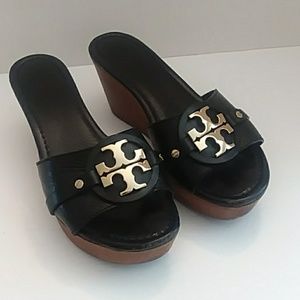 Tory Burch black leather wedge heels
